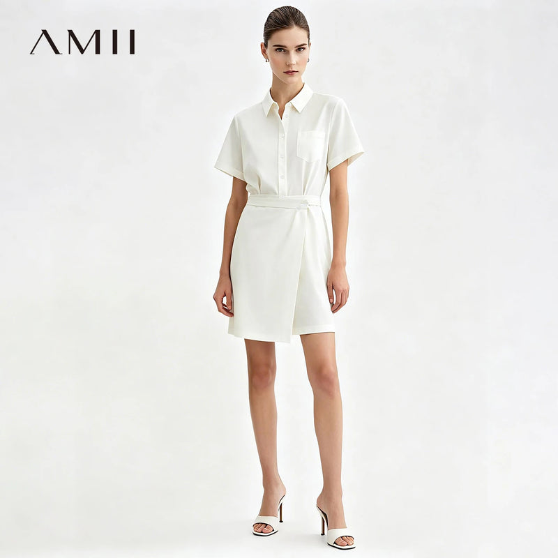 Amii Women's Casual Dresses 2026 Summer New Lapel Collar Half Placket Short Sleeve Panel Office Midi Dress For Women 12642177
