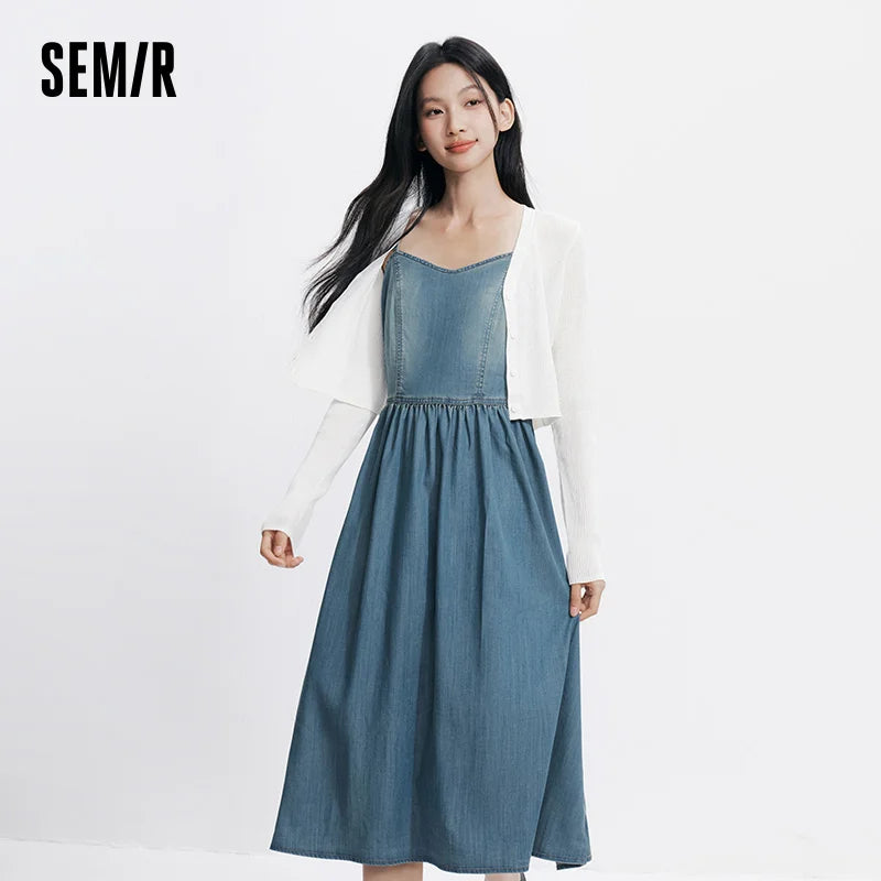 Semir Women Dress Denim V Neck Cool Feeling Slip Dress Short Cardigan Two Piece Set Cool Stylish 2026 Summer Casual Fashion Top