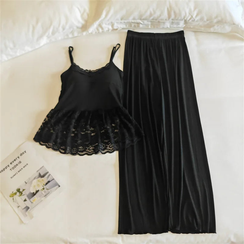 Thin Women's Pajamas Chest Pad Sleeveless Tops and Long Pants Sleepwear 2 Piece Home Clothes Comfortable Loungewear Pijama Suit