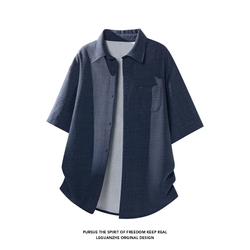 Mens Lapel Collar Short Sleeve Button Up Top Textured Linen Like Fabric Chest Pocket Relaxed Fit For Daily Commute Outfit