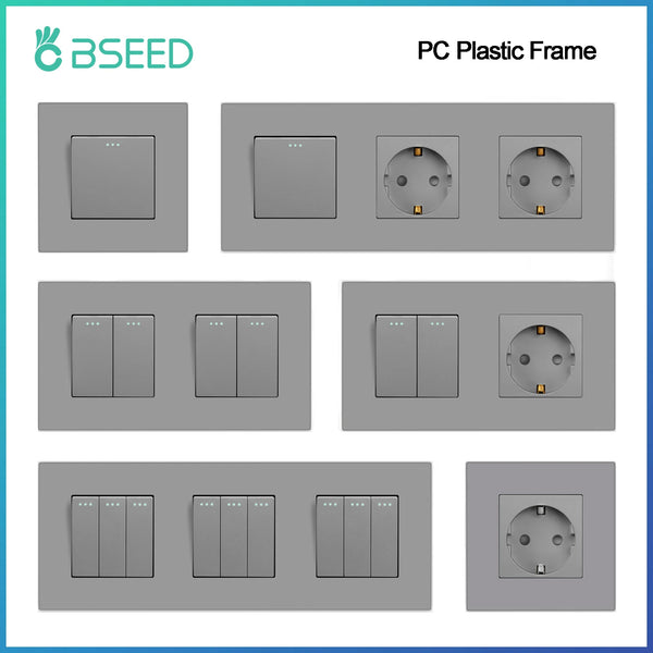 BSEED Button Light Switch 1/2/3Gang 1Way Wall Light Switch Plus Wall Power Socket Gray Plastic Frame Switch On Off