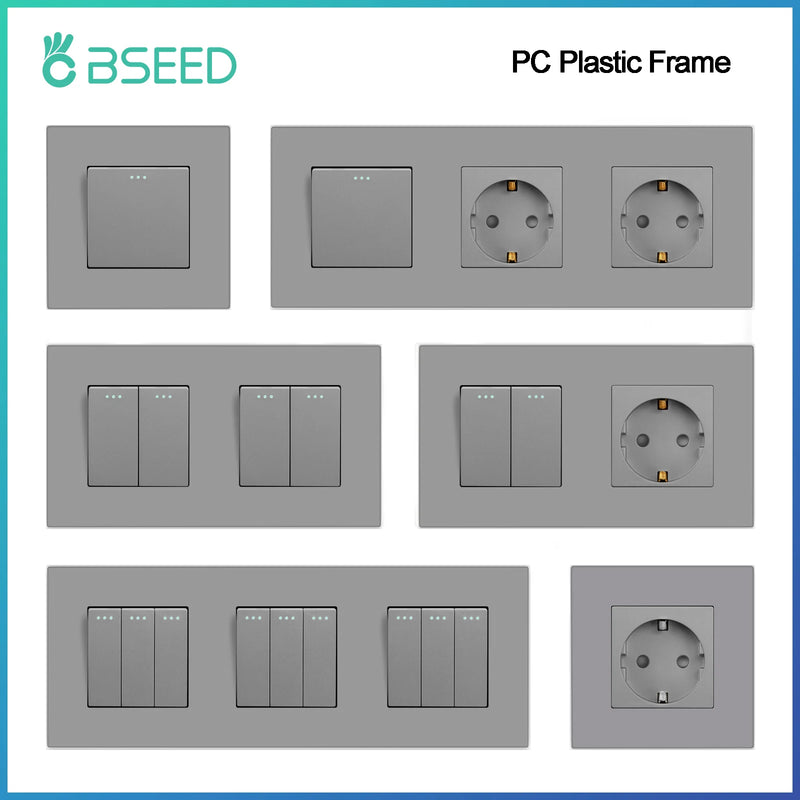 BSEED Button Light Switch 1/2/3Gang 1Way Wall Light Switch Plus Wall Power Socket Gray Plastic Frame Switch On Off