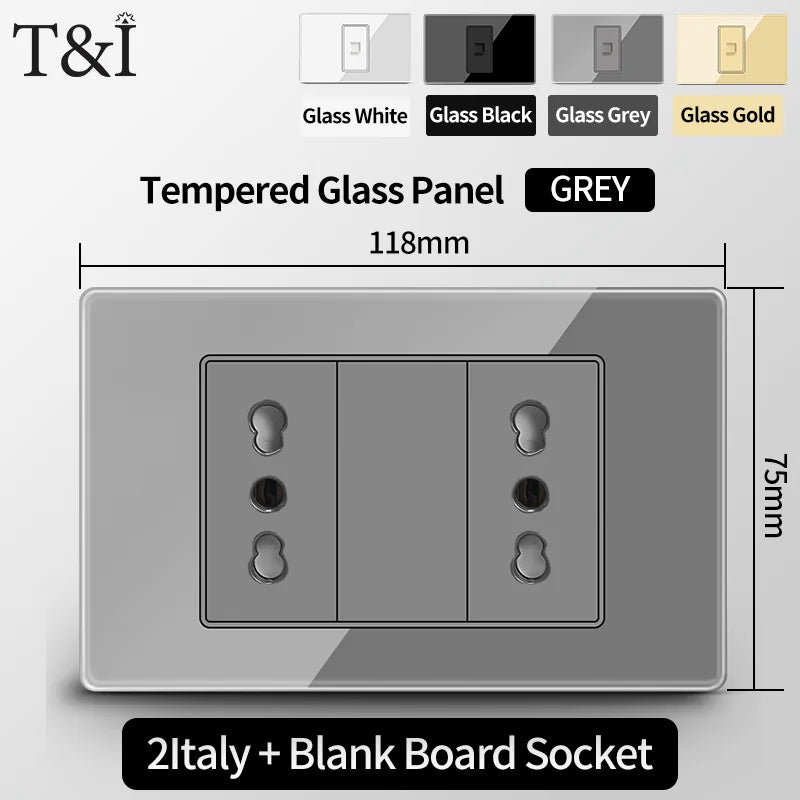 T&I Wall Switch Sockets With USB TypeC  Fast Charging, Italy Socket , Chile Schuko Outlet, Tempered Glass Panel for Home