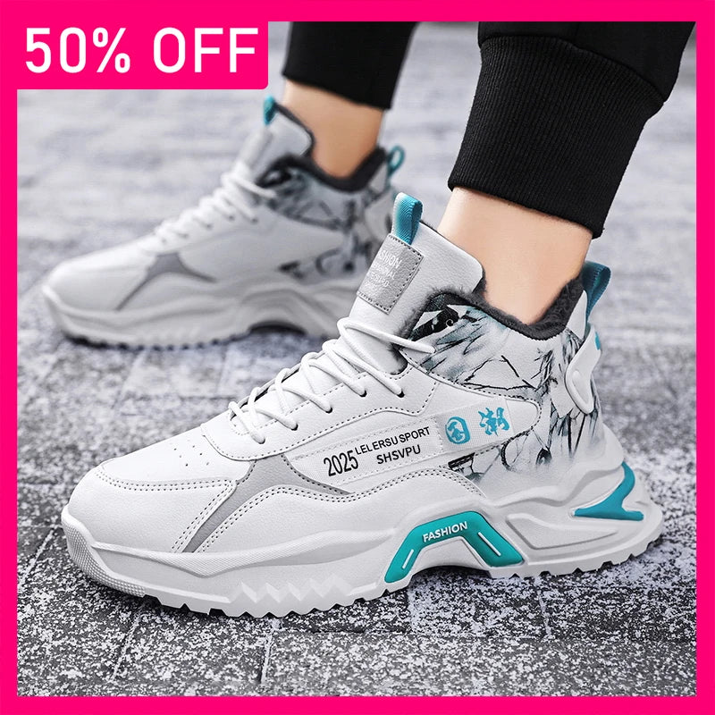 Men Sports Shoes Plush Comfortable Leather Winter Outdoor Walking Anti Slip Flat Bottom Fashion Commuting Versatile Sports Shoes