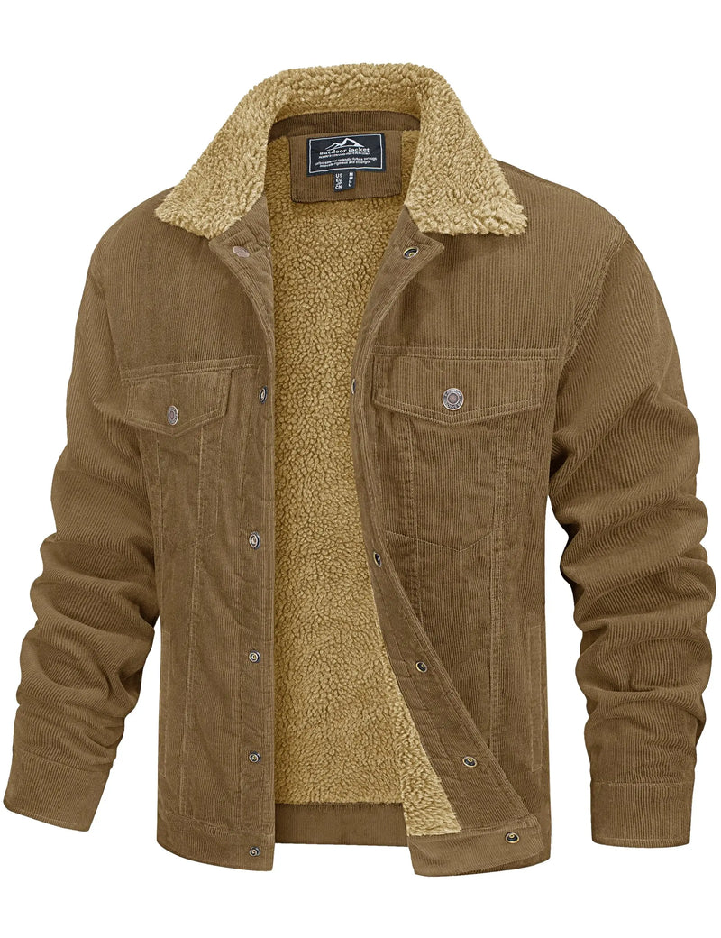TACVASEN Men's Winter Corduroy Sherpa Lined Warm Turn-Down Collar Jacket Daily And Outdoor Long Sleeve Coat With Utility Pocket