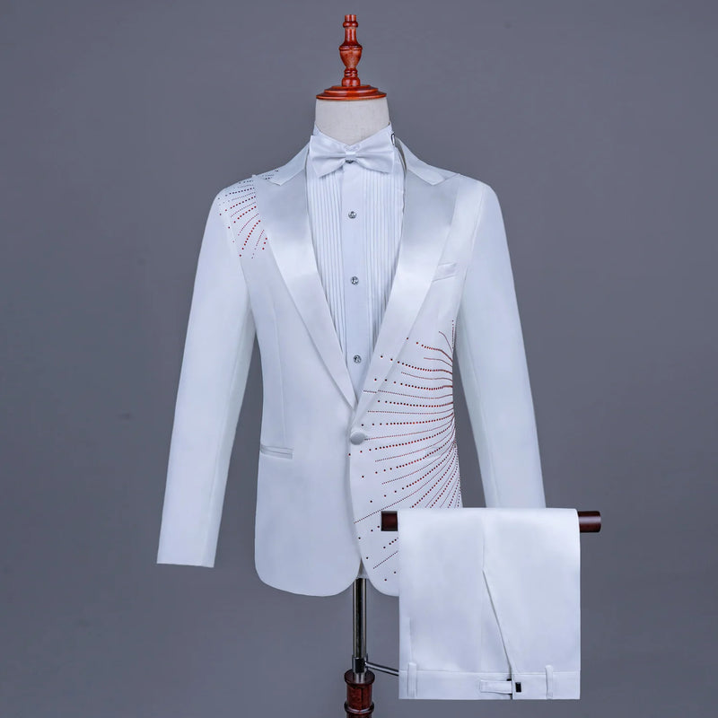 Men's Black Tuxedo Set with Diamond Embellished Jacket and Matching Trousers in White for Choirs/Stage Performances/Weddings