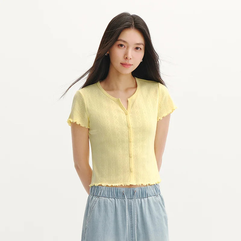 Semir Womens Tshirt 2026 Short Hollow Jacquard Texture Slim Pure Cotton Ruffle Edge Casual