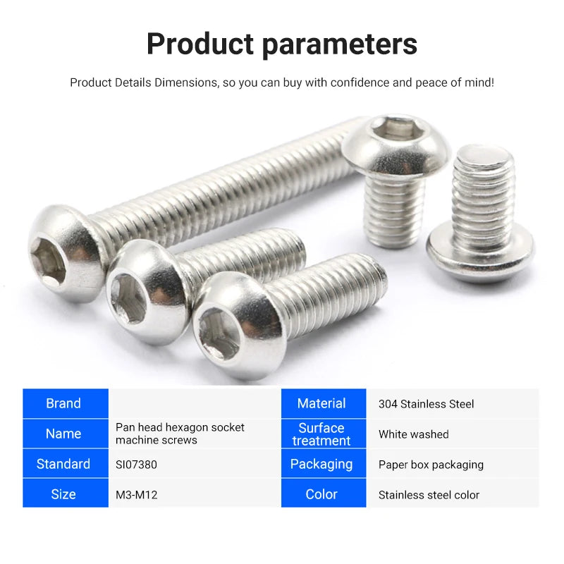 DIVEDEER Hex Hexagon Socket Button Head Cap Screw M2 M3 M4 M5 M6 M8 M10 Allen Bolts ISO7380 A2-70 Stainless Steel