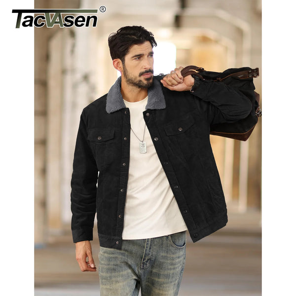 TACVASEN Thicken Fleece Lining Mens Corduroy Jacket Sherpa Lined Winter Coats Trucker Cargo Workwear Multi-Pocket Outwear