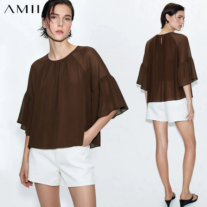 Amii Women's Blouse 2026 Summer New Loose Elegant Office Chiffon Tops Round Neck Raglan Sleeve Casual Shirt for Women 12622213