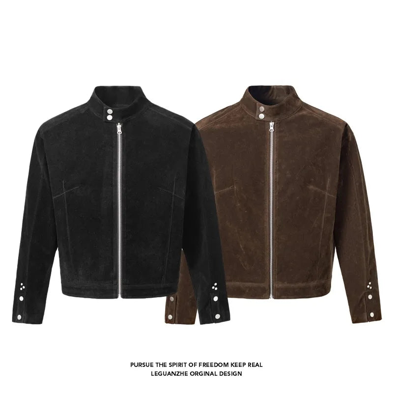 Men's Retro Suede Jacket Vintage Stand Up Collar Zip Up Biker Jacket |Y2K High Street Loose Fit Short Coat Casual Daily Wear