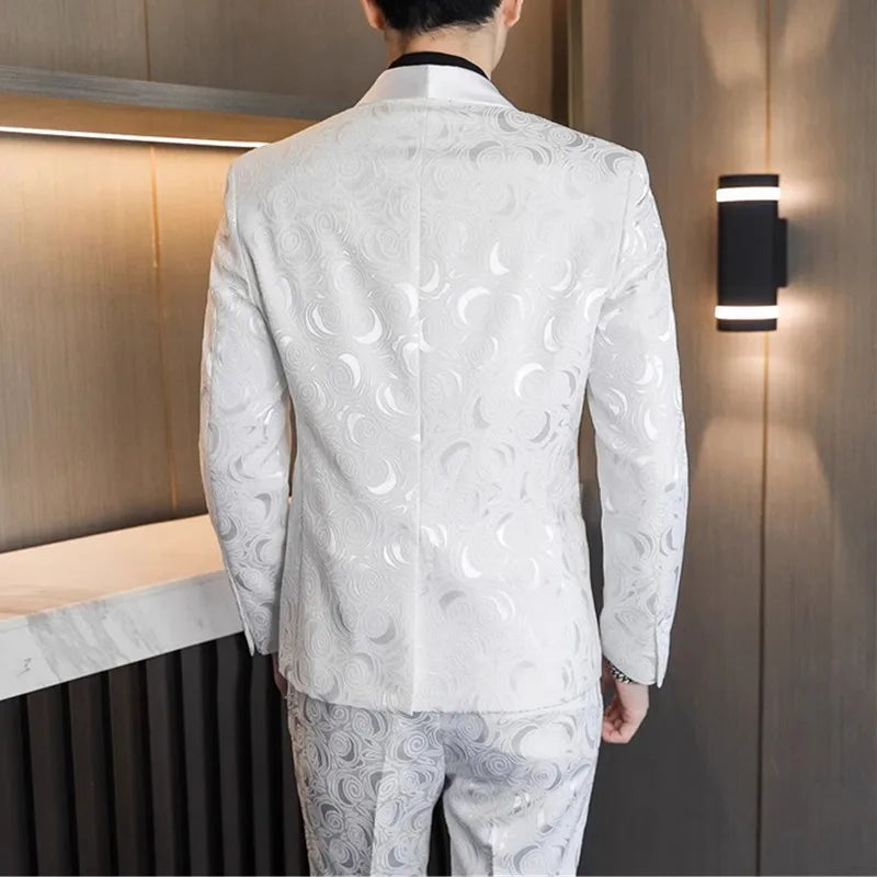 Luxury Men's Black Rose Pattern Suit 3-Piece, White Wedding Party Dress Jacket and Vest with Trousers, Asian Size M-6XL.