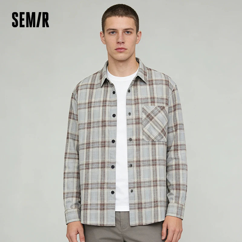 Semir Versatile Shirt Men Long Sleeve Cotton Plaid Loose Fit Lapel Casual Commute Fashion Top 2026 Spring Stylish Wear