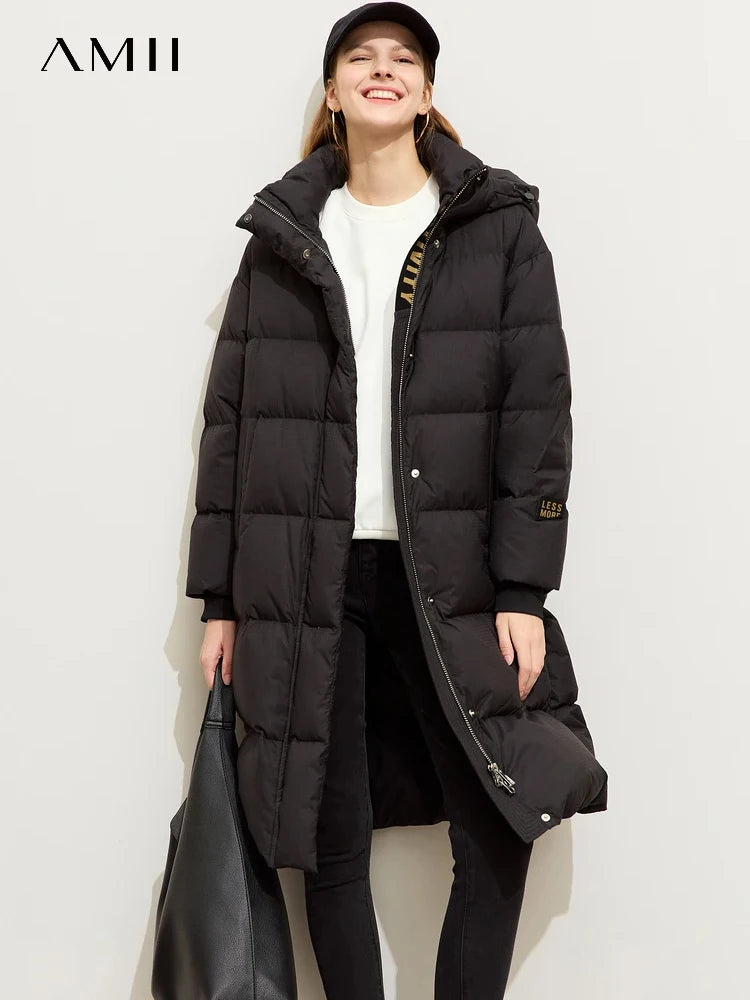 AMII Women's Heat Warm Storage Hooded Long Sleeve Duck Down Jacket Female Winter Letter Print Loose Outerwear Coats 12424044