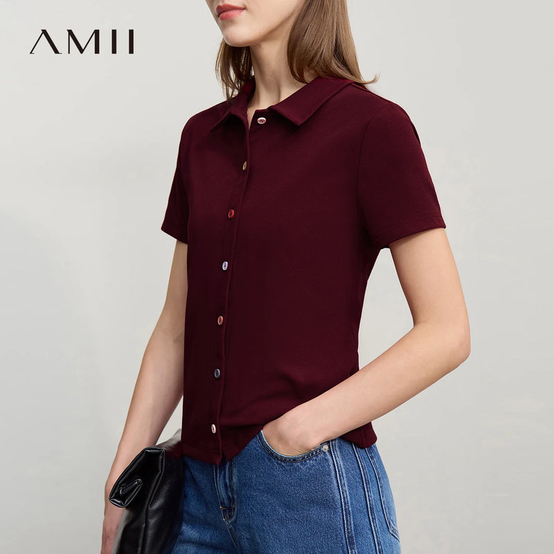 អាវយឺតដៃខ្លី Amii សម្រាប់នារី រដូវក្តៅ ឆ្នាំ២០២៦ អាវយឺតប៊ូតុងពណ៌ថ្មី ងាយស្រួលប្រើ អាវត្រង់ធម្មតា សម្រាប់នារី 12622020