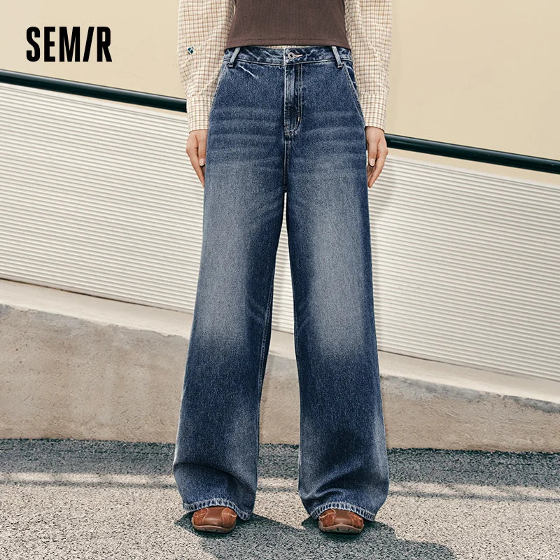 Semir Women Jeans Whisker Gradient Loose Wide Leg Retro Street Style Long Denim Pants Autumn Urban Daily Wear 2026