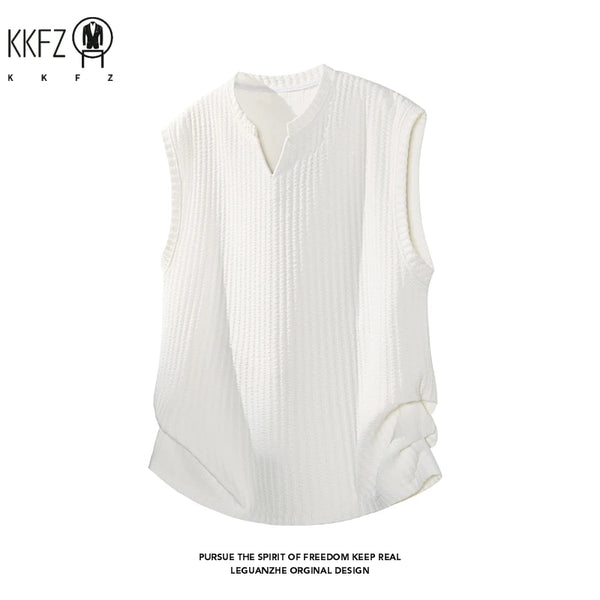 Mens Vertical Ribbed Knit Sleeveless Vest Notched Collar Oversized Cutting Suitable For Vacation Dating And Casual Scenes