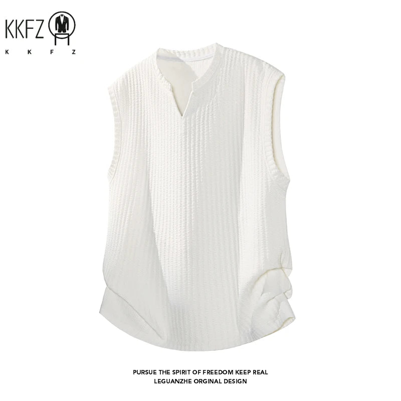 Mens Vertical Ribbed Knit Sleeveless Vest Notched Collar Oversized Cutting Suitable For Vacation Dating And Casual Scenes