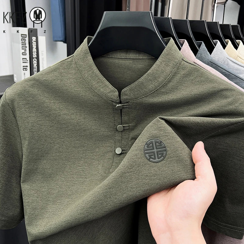 Men Summer Chinese Style Short Sleeve T Shirt Mandarin Collar Frog Button Embroidered Casual Breathable Tee
