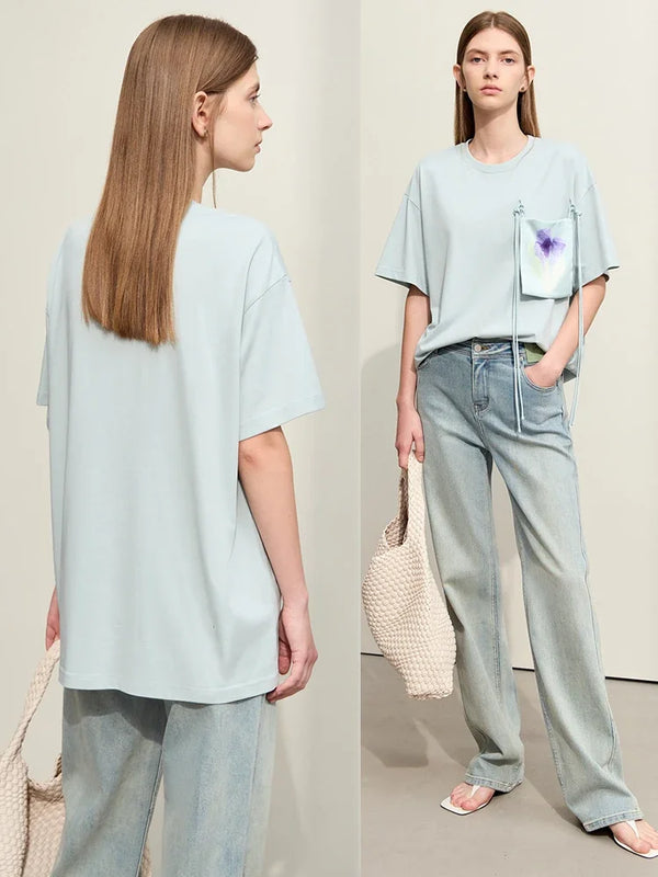Amii Minimalism T-shirt Women's 2026 Summer Knit Casual Print Pockets Short-sleeve Cotton Loose Tee Elastic O-Neck Tops 12442008