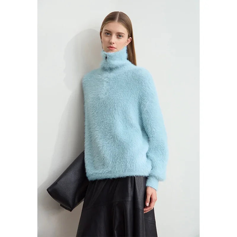 Amii 2026 Winter Women's Clothing Turtleneck Zipper Mink Sweater Winter Loose Shoulder Sleeve Pullovers Knitted Tops 12444250