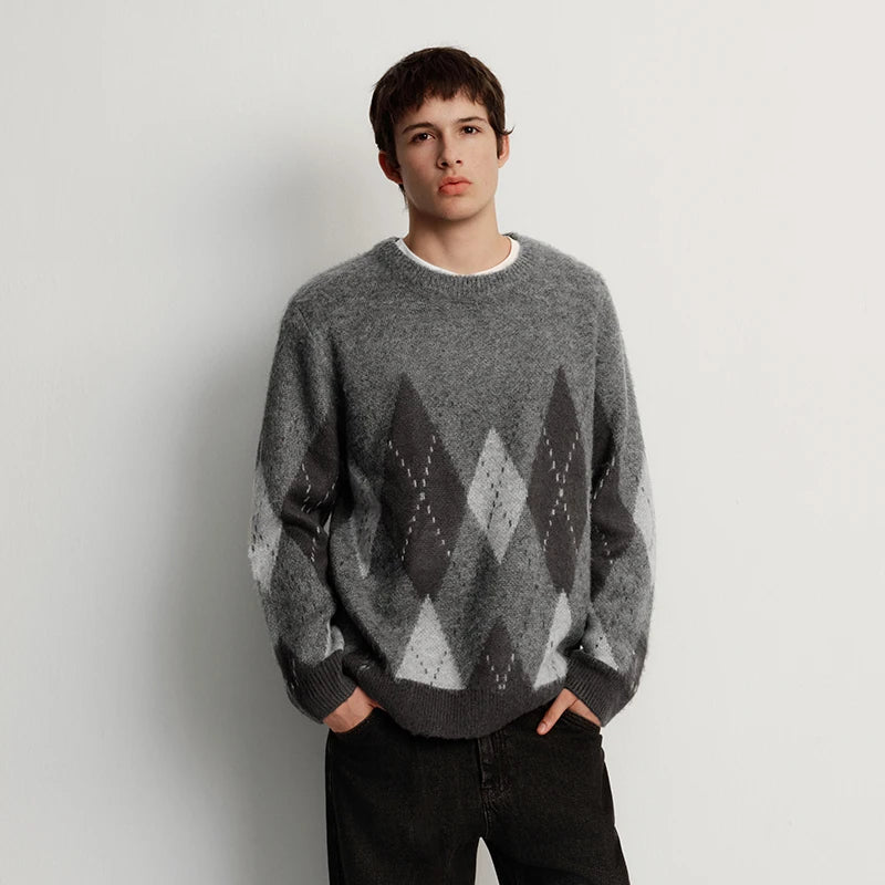 Semir Knitted Sweater Men Winter Faux Mohair Plaid Jacquard 2025 New Retro Preppy Style Couple Outfit Men'S Wear