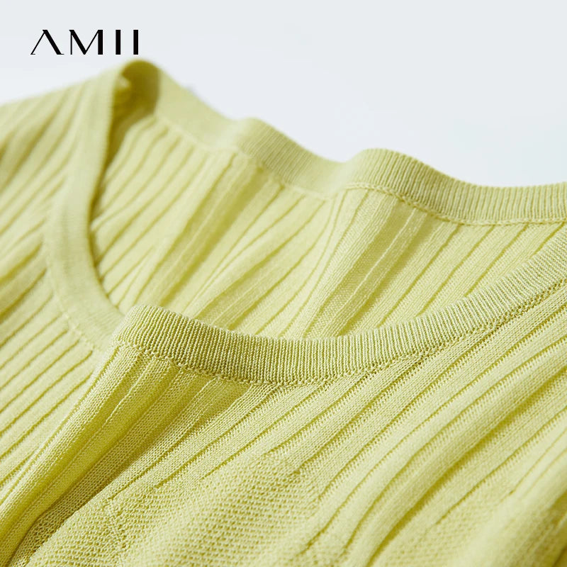 AMII Minimalism Office Lady 2026 Summer Sweater Women Half Sleeve O-Neck Solid Sweaters Fashion Slim Knitted Tees Tops 12552057