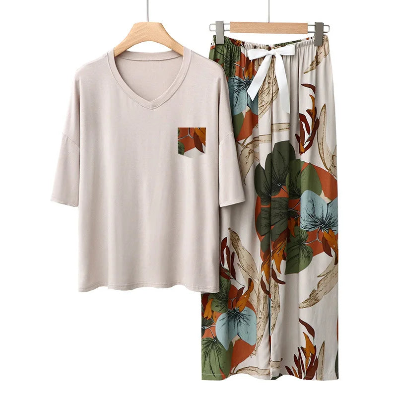 Modal Comfortable Women's Sleepwear Loose Short Sleeve Trousers Sets Printed Home Suit For Women Loungewear Pajamas Clothes