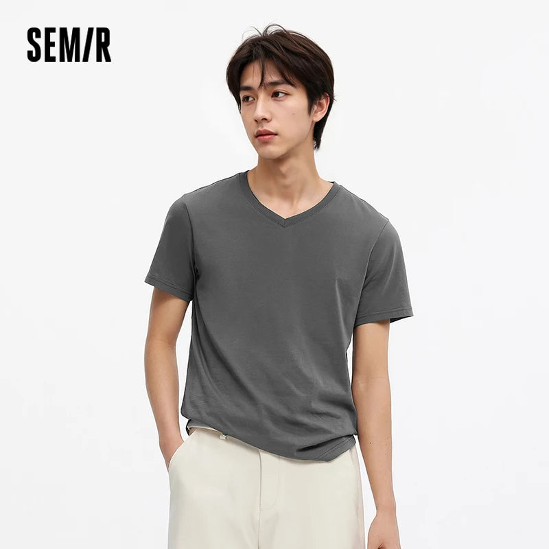 Semir Men T Shirts 2026 Summer New Basic Solid V Neck 3A Antibacterial Comfortable Casual Tops