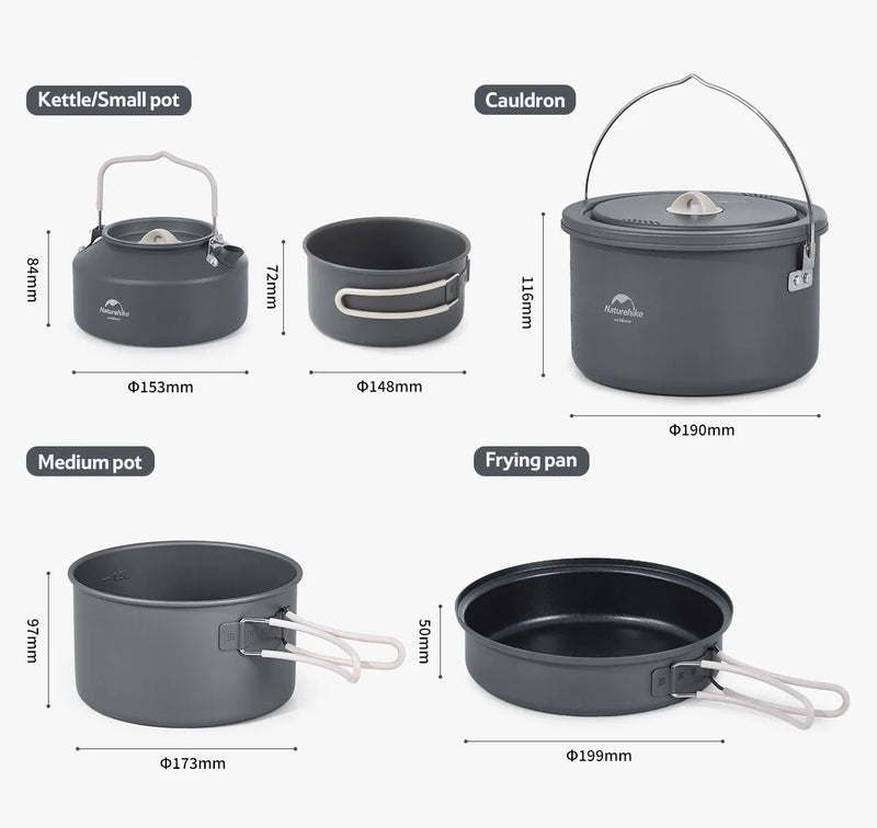 Naturehike Aluminum Alloy Pots Set 4pcs Non-Stick Pan with Mesh Bag Portable Outdoor Camping Cookware Picnic Cooking Tableware