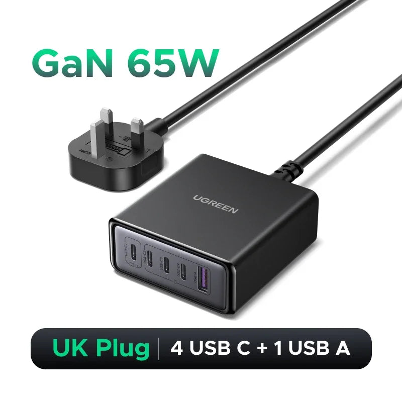 UGREEN 65W 100W GaN Charger PPS QC4.0 PD3.0 For iPhone18 17 16 Pro Xiaomi Samsung Tablet Macbook Air iPad 5 IN 1 Desktop Charger