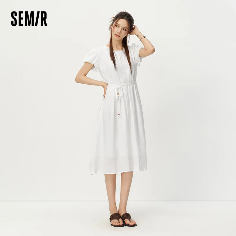 Semir Women Dress Puff Sleeve Waist Cinching Textured Maxi Elegant Vacation White 2026 Summer Romantic Style Top