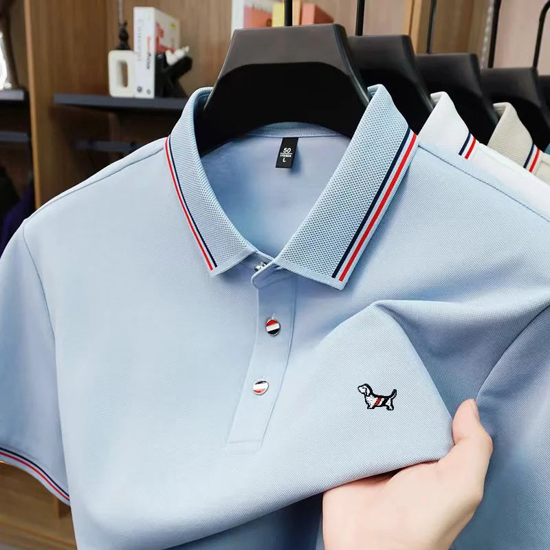 Luxury Man Short-Sleeved Polo Shirt Lapel Button Silk-Containing Dog Embroidery British Style T-Shirt Outdoor Leisure Men's Wear