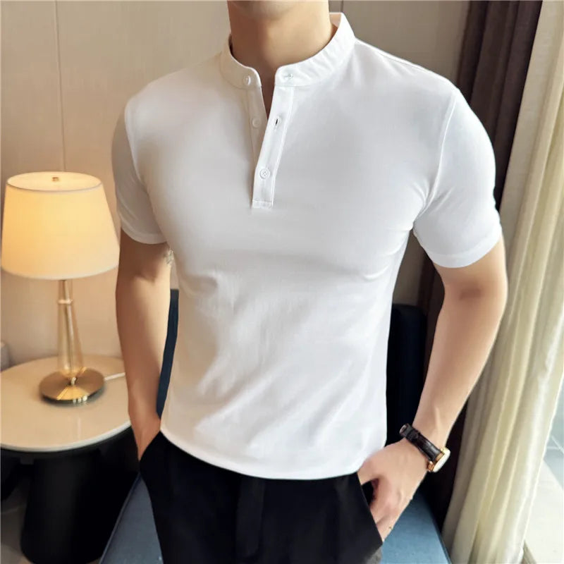 2025 New Men's Army Green Henley Polo Shirt – Summer Thin-style Breathable Short-Sleeve T-Shirt (Black/Beige/Gray, Sizes M-3XL)