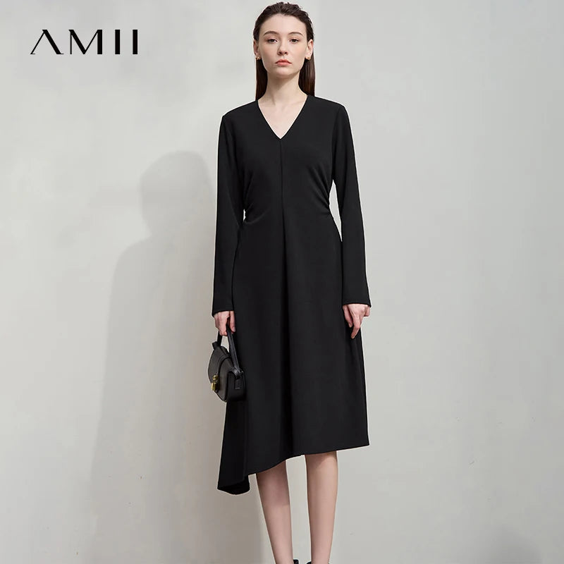 AMII Elegant Women's Dress 2026 Autumn New Minimalism Straight Midi Dresses Slim Asymmetrical Knitted Woman Clothing 12543080