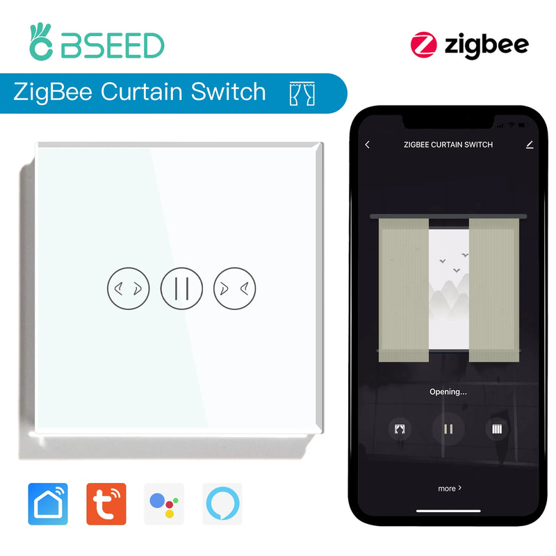 BSEED Zigbee Curtain Switch Wireless Smart Curtain Switch Tuya Google Home Alexa Voice Control Glass Panel 5A With Neutral