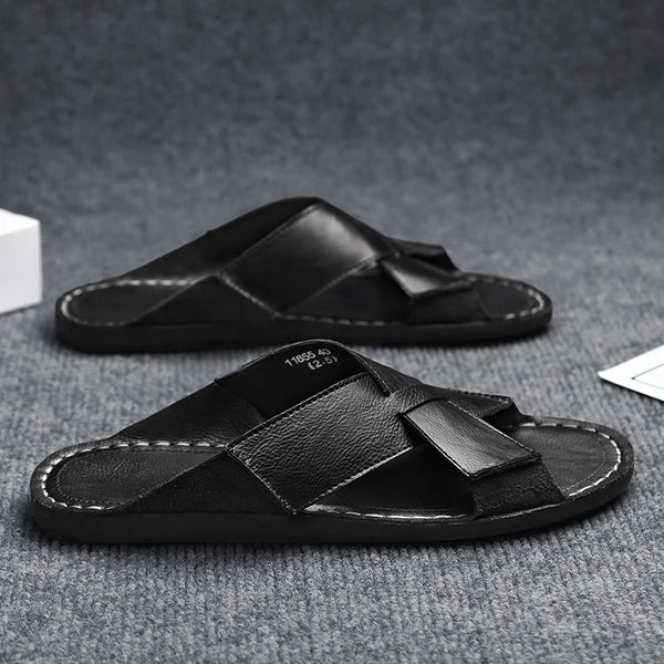 Men Cross Strap Leather Slide Sandals Open Toe Flat Slippers Male Non Slip Rubber Sole Summer Casual Outdoor Beach Shoes Vintage