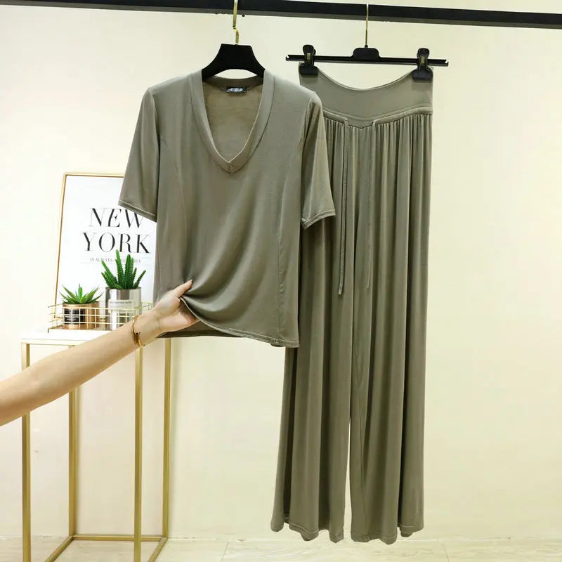 Soft Modal Sleepwear Women's Summer Pajamas Thin T Shirt Wide Leg Pants Set Loose Large Size Home Clothes  M-6XL Pijamas