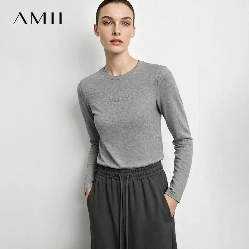 Amii Women's Long Sleeve Top 2026 Autumn New Letter Embroidered Elastic Women's T-shirt Round Neck Basic Versatile Tee 12613006
