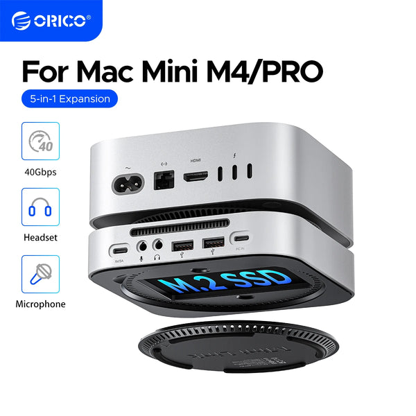 ORICO New Version MiniLink USB HUB Docking Station for Mac Mini M4 M4 Pro M.2 NVMe SSD 8TB Max 40Gbps USB-A&C Ports