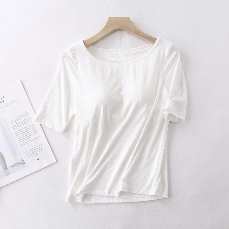 One Piece Pajamas Tops For Women New Short Sleeve Modal Cotton Sleepwear T-shirt Chest Pad Casual Underwear Sleeping Pijama