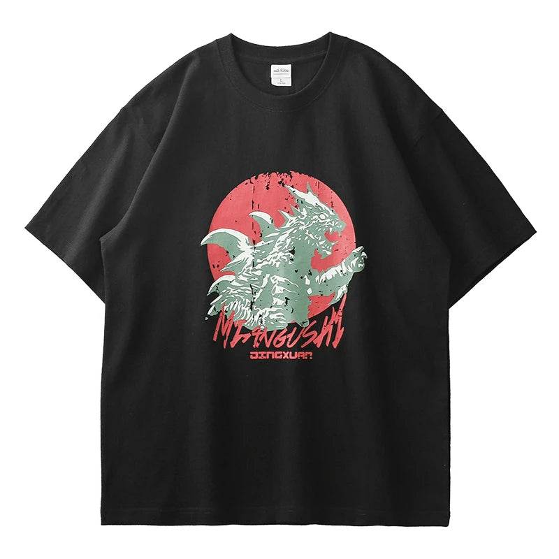 Dukeen 320g Heavyweight Short Sleeved T Shirt Men Summer Monster Printing Half Sleeve Oversized Cotton Casual Mens Tops
