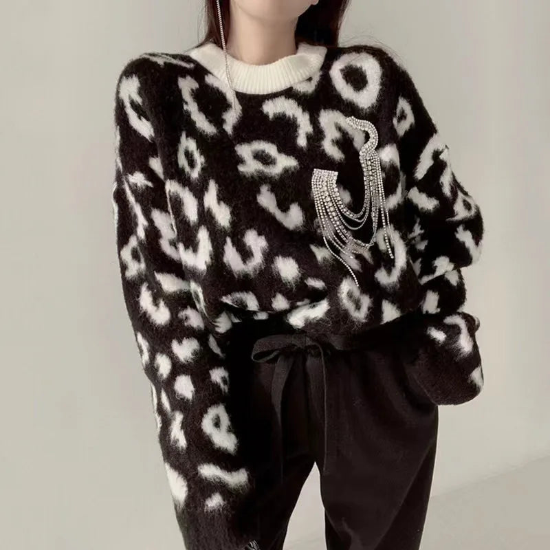 Knitted Pullover Sexy Loose Lazy Leopard Print Sweater Women's South Korea Contrasting Color Thick Soft Crew Neck Jumper Top