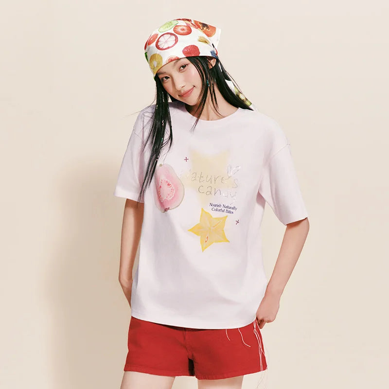 Semir Women Tshirt Cotton Hot Drilled Fruit Pattern Midi Length Loose Pullover Lazy Sweet 2026 Summer Casual Top