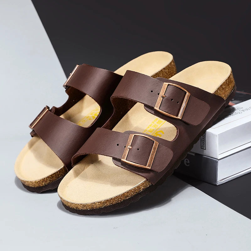 Plus Size 49 50 51 Men Women Cork Footbed Slide Sandals Double Adjustable Two Straps Buckle Flat Casual Summer Slip on Sandals
