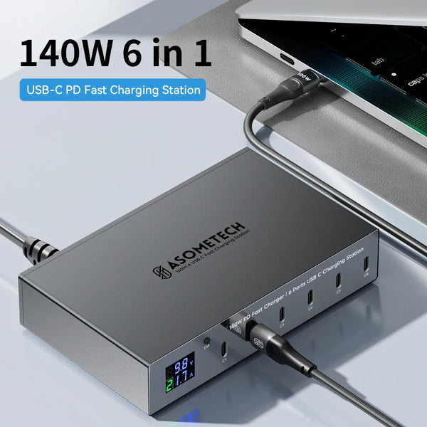 ស្ថានីយសាកថ្មលឿន 140W 6 រន្ធ PD ស្ថានីយសាកថ្មលឿន 30W Multi USB-C ជាមួយអេក្រង់ LED សម្រាប់ iPhone 14 13 Pro Max Samsung Xiaomi iPad