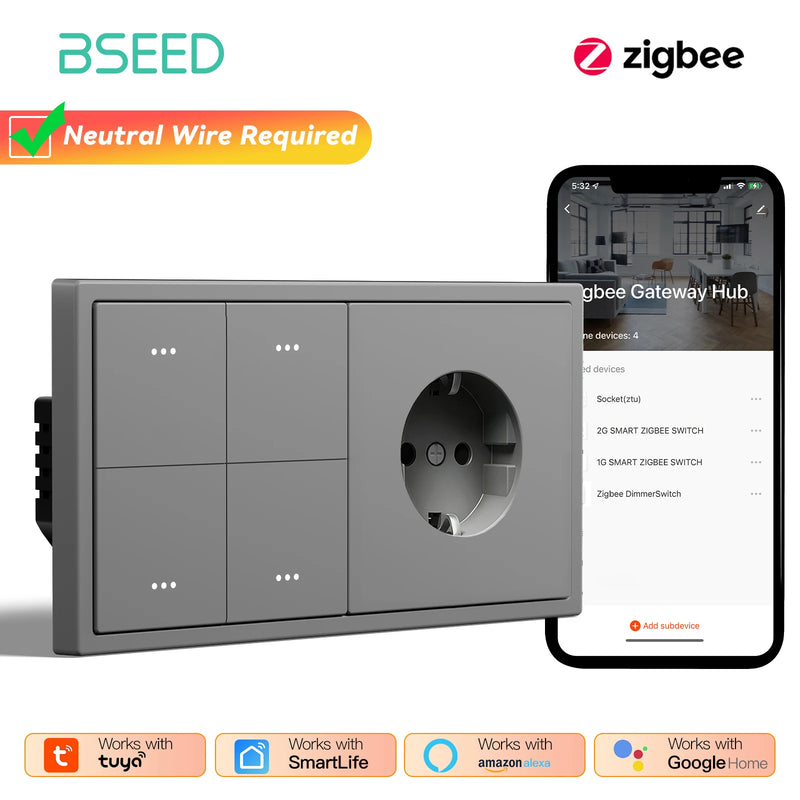 BSEED Zigbee Click Switch 1/2/3/4Gang Smart Button Light Switch With EU Power Socket Plastic Frame Tuya Smart Life Alexa Control