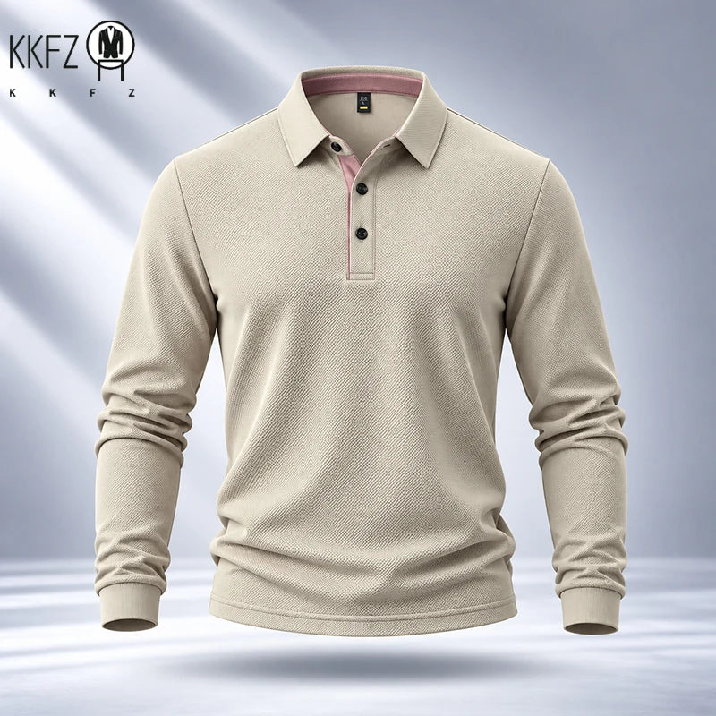 Premium Fabric Mens Polo Long Sleeve Shirt Fine Workmanship Turn Down Collar Top For Weekend Outdoor Scenes