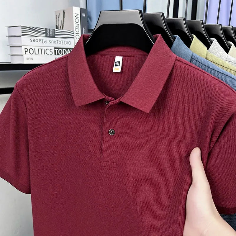 Men 100% Mercerized Cotton Polo Shirt Solid Short Sleeve Casual Business Tops Odor Resistant Premium 205g Summer