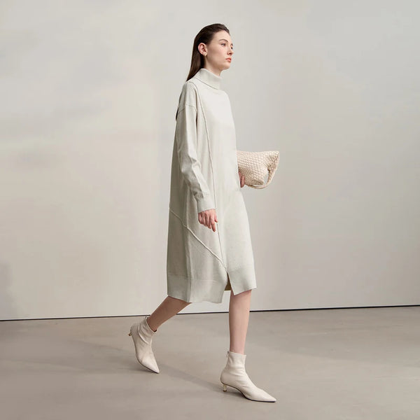 AMII Womens Dresses 2026 Winter New Turtleneck Long Sleeves Asymmetrical Dresses For Woman Knit Loose Ladies Clothing 12553015